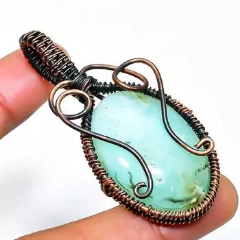 Ювелирный кулон ручной работы из медной проволоки с драгоценным камнем хризопраз 2,17 дюйма 2.17 зелёный