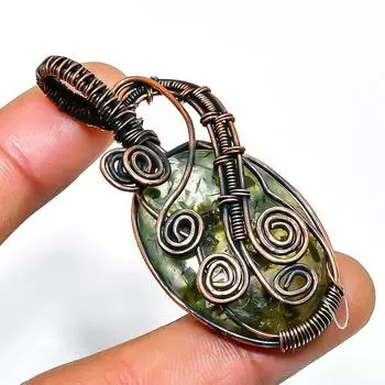Ювелирный кулон ручной работы из медной проволоки, мох-пренит, драгоценный камень, 2,17 дюйма 2.17 зелёный