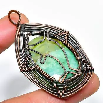 Ювелирный кулон ручной работы из медной проволоки с драгоценным камнем хризопраз 2,17 дюйма 2.17 зелёный