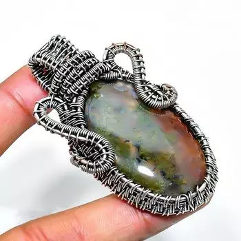 Ювелирный кулон ручной работы из медной проволоки с индийским агатом и мохом, 2,56 дюйма 2.56 зелёный