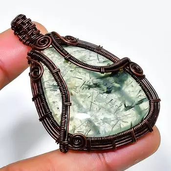 Ювелирный кулон ручной работы из медной проволоки, мох-пренит, драгоценный камень, 2,17 дюйма 2.17 зелёный