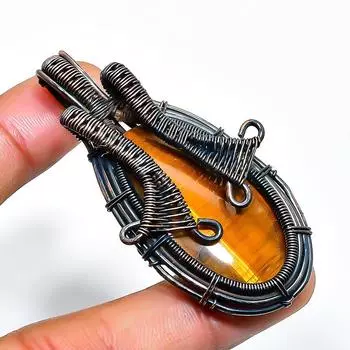 Ювелирный кулон ручной работы из медной проволоки с драгоценным камнем «Тигровый глаз» 2,17 дюйма 2.17 жёлтый