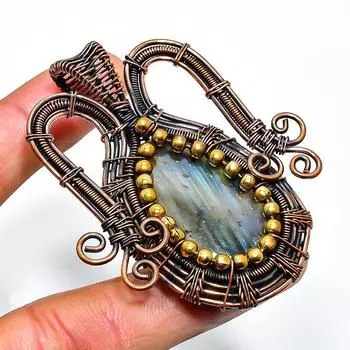 Ювелирный кулон ручной работы из медной проволоки с лабрадоритом 2,36 дюйма 2.36 чёрный