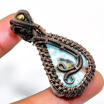 Ювелирный кулон ручной работы из медной проволоки с драгоценным камнем Республика Ларимар 1,77 дюйма 1.77 синий