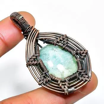 Ювелирный кулон ручной работы из медной проволоки с аквамарином и драгоценным камнем 2,17 дюйма 2.17 синий