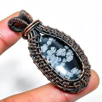 Ювелирный кулон ручной работы из медной проволоки со снежинкой и обсидианом, 2,17 дюйма 2.17 чёрный