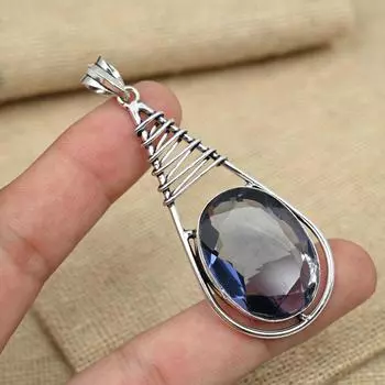 Ювелирный кулон ручной работы из стерлингового серебра 925 пробы с драгоценным камнем иолит овальной формы для нее 2.75 Inches фиолетовый
