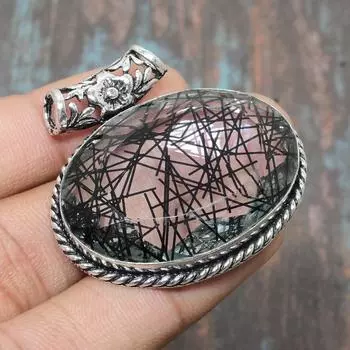 Ювелирный кулон ручной работы из стерлингового серебра 925 пробы с черным рутиловым камнем на День Благодарения 1.58 Inches чёрный