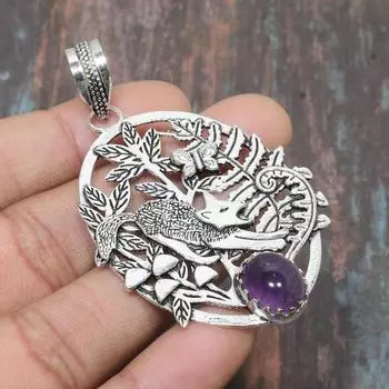 Ювелирный кулон ручной работы из стерлингового серебра 925 пробы с шалфеем и аметистом для женщин 2.56 Inches фиолетовый