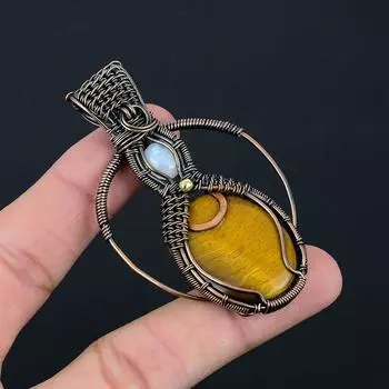 Ювелирный кулон ручной работы из стерлингового серебра 925 пробы с тигровым глазом и лунным камнем для женщин 2.95 inches жёлтый