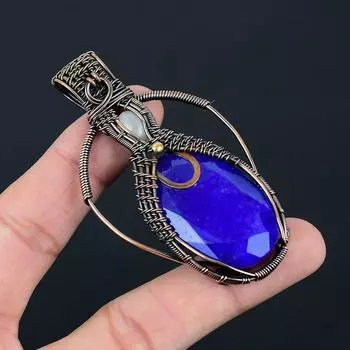 Ювелирный кулон ручной работы из стерлингового серебра 925 пробы с синим сапфиром и лунным камнем, созданный в лаборатории, для нее 3.15 Inches синий