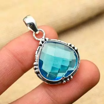 Ювелирный кулон ручной работы из стерлингового серебра 925 пробы с синим топазом ручной работы для нее 1.5 Inches синий