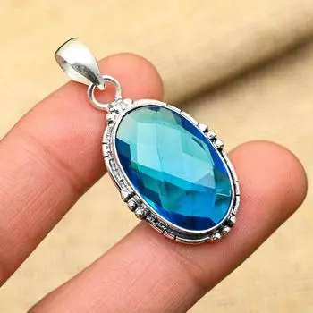 Ювелирный кулон ручной работы из стерлингового серебра 925 пробы с синим топазом ручной работы для нее 1.75 Inches синий