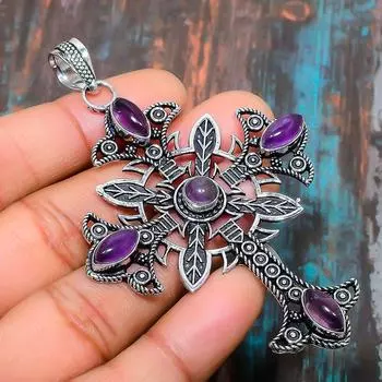 Ювелирный кулон ручной работы из стерлингового серебра 925 пробы с аметистом для женщин 3.35 Inches фиолетовый