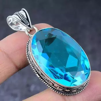Ювелирный кулон ручной работы из стерлингового серебра 925 пробы с натуральным швейцарским голубым топазом 2,17 дюйма V4c72
