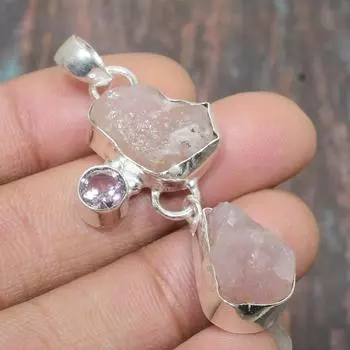 Ювелирный кулон ручной работы из стерлингового серебра 925 пробы с розовым кварцем, грубым аметистом и драгоценным камнем 1.97 Inches розовый