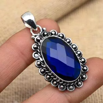 Ювелирный кулон ручной работы из стерлингового серебра 925 пробы с синим сапфиром, созданный в лаборатории, для женщин 1.81 Inches синий