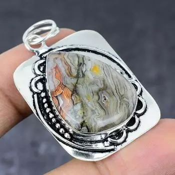 Ювелирный кулон ручной работы из стерлингового серебра 925 пробы с натуральным сумасшедшим кружевом из агата 2,05 дюйма C9M08