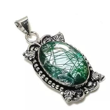 Ювелирный кулон ручной работы из стерлингового серебра 925 пробы с зеленым рутилом 2,05 дюйма S2E68