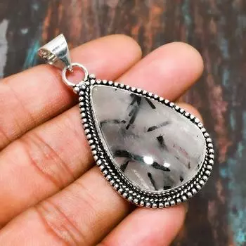 Ювелирный кулон ручной работы из стерлингового серебра 925 пробы с черным рутилом и драгоценными камнями для нее 2.08 Inches чёрный