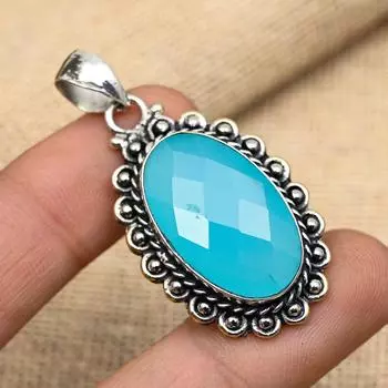 Ювелирный кулон ручной работы из стерлингового серебра 925 пробы с синим халцедоном для нее 1.81 Inches синий