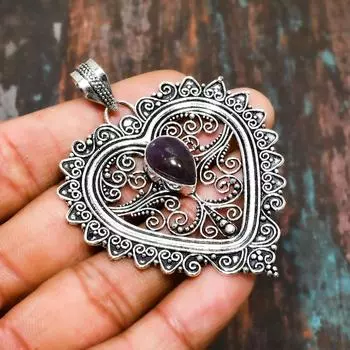 Ювелирный кулон ручной работы из стерлингового серебра 925 пробы с аметистом и драгоценными камнями для женщин 2.65 inches фиолетовый