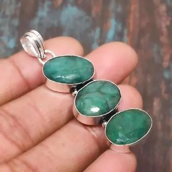 Ювелирный кулон ручной работы из стерлингового серебра 925 пробы с изумрудом, созданный в лаборатории 2.17 Inches зелёный