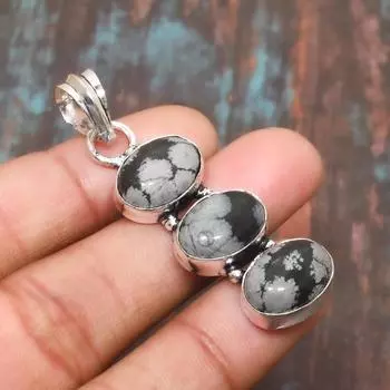 Ювелирный кулон ручной работы из стерлингового серебра 925 пробы со снежинкой и обсидианом на День Благодарения 2.17 Inches чёрный