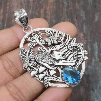 Ювелирный кулон ручной работы из твердого серебра 925 пробы со швейцарским голубым топазом и драгоценным камнем 2.56 Inches синий