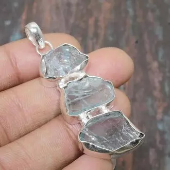 Ювелирный кулон ручной работы из твердого серебра 925 пробы с аквамарином и грубым драгоценным камнем 2.17 Inches синий