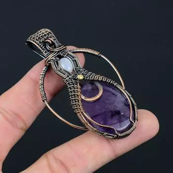 Ювелирный кулон ручной работы с аметистом и лунным камнем из медной проволоки для женщин 2.95 Inches фиолетовый
