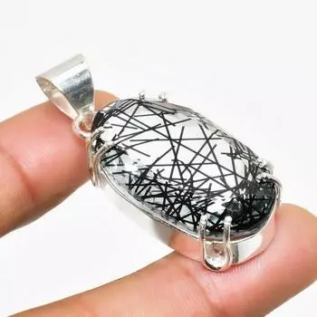 Ювелирный кулон ручной работы с черным рутилом, посеребренный 925 пробы, 1,70 дюйма 1.70 чёрный