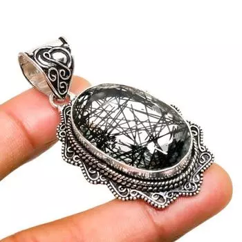 Ювелирный кулон ручной работы с черным рутилом, посеребренный 925 пробы, 2,27 дюйма 2.27 чёрный