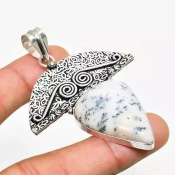 Ювелирный кулон ручной работы с дендритом опалом и серебром 925 пробы 2,46 дюйма 2.46 белый