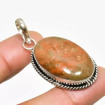 Ювелирный кулон ручной работы с драгоценным камнем унакит, посеребренный 925 пробы, 1,70 дюйма 1.70 зелёный