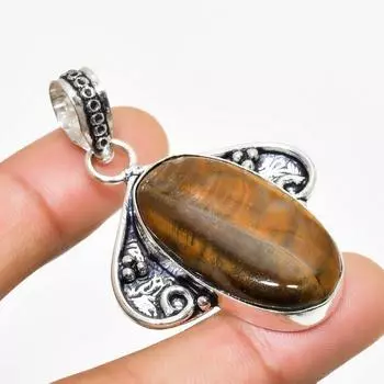 Ювелирный кулон ручной работы с драгоценным камнем Тигровый глаз 925 пробы, посеребренный, 2,00 дюйма 2.00 жёлтый