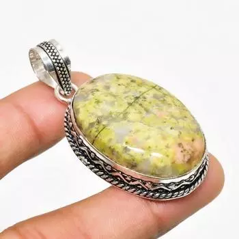 Ювелирный кулон ручной работы с драгоценным камнем унакитом 925 пробы, посеребренный, 2,00 дюйма 2.00 зелёный