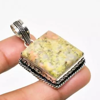 Ювелирный кулон ручной работы с драгоценным камнем унакит, посеребренный 925 пробы, 1,70 дюйма 1.70 зелёный