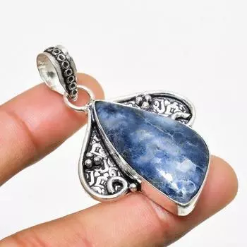 Ювелирный кулон ручной работы с драгоценным камнем содалитом 925 пробы, посеребренный, 2,00 дюйма 2.00 синий