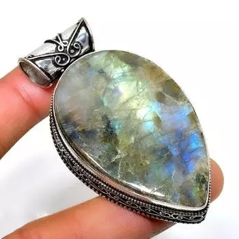 Ювелирный кулон ручной работы с драгоценным камнем Лабрадорит 925 пробы, посеребренный, 2,46 дюйма 2.46 чёрный