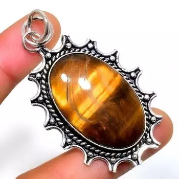 Ювелирный кулон ручной работы с драгоценным камнем 925 пробы Тигровый глаз , посеребренный, 2,27 дюйма 2.27 жёлтый