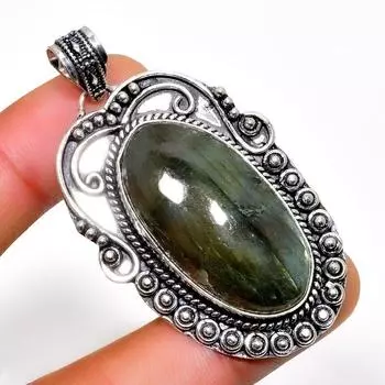 Ювелирный кулон ручной работы с драгоценным камнем Лабрадорит 925 пробы, посеребренный, 2,08 дюйма 2.08 чёрный