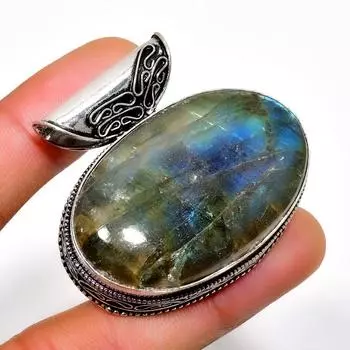 Ювелирный кулон ручной работы с драгоценным камнем Лабрадорит 925 пробы, посеребренный, 1,32 дюйма 1.32 чёрный