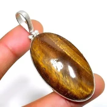 Ювелирный кулон ручной работы с драгоценным камнем 925 пробы Тигровый глаз , посеребренный, 2,34 дюйма 2.34 жёлтый