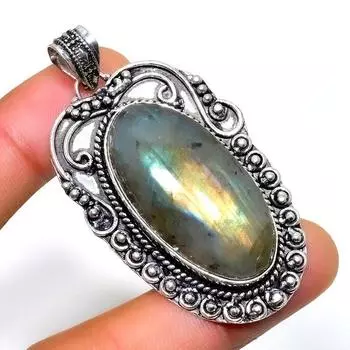 Ювелирный кулон ручной работы с драгоценным камнем Лабрадорит 925 пробы, посеребренный, 2,08 дюйма 2.08 чёрный