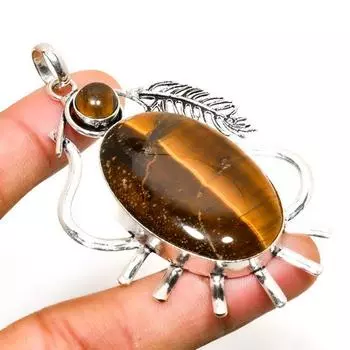 Ювелирный кулон ручной работы с драгоценным камнем Тигровый глаз 925 пробы, посеребренный, 2,65 дюйма 2.65 жёлтый