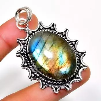 Ювелирный кулон ручной работы с драгоценным камнем Лабрадорит 925 пробы, посеребренный, 2,08 дюйма 2.08 чёрный