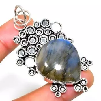 Ювелирный кулон ручной работы с драгоценным камнем Лабрадорит 925 пробы, посеребренный, 2,46 дюйма 2.46 чёрный