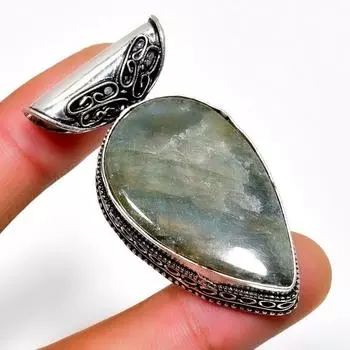 Ювелирный кулон ручной работы с драгоценным камнем Лабрадорит 925 пробы, посеребренный, 1,89 дюйма 1.89 чёрный