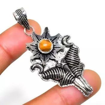 Ювелирный кулон ручной работы с драгоценным камнем 925 пробы Тигровый глаз , посеребренный, 2,27 дюйма 2.27 жёлтый